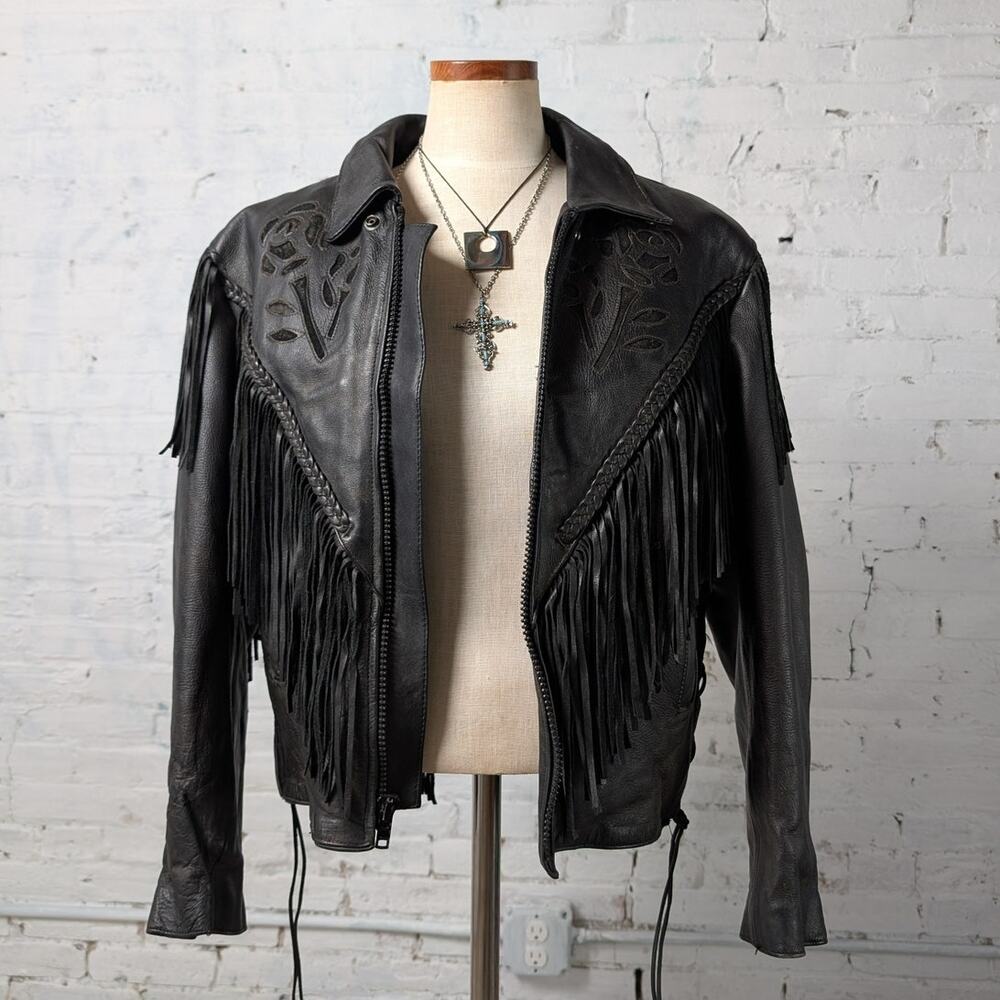 Vintage Black Leather Biker Fringe Jacket Moto Western Velvet Goth Coat Large - Picture 1 of 10